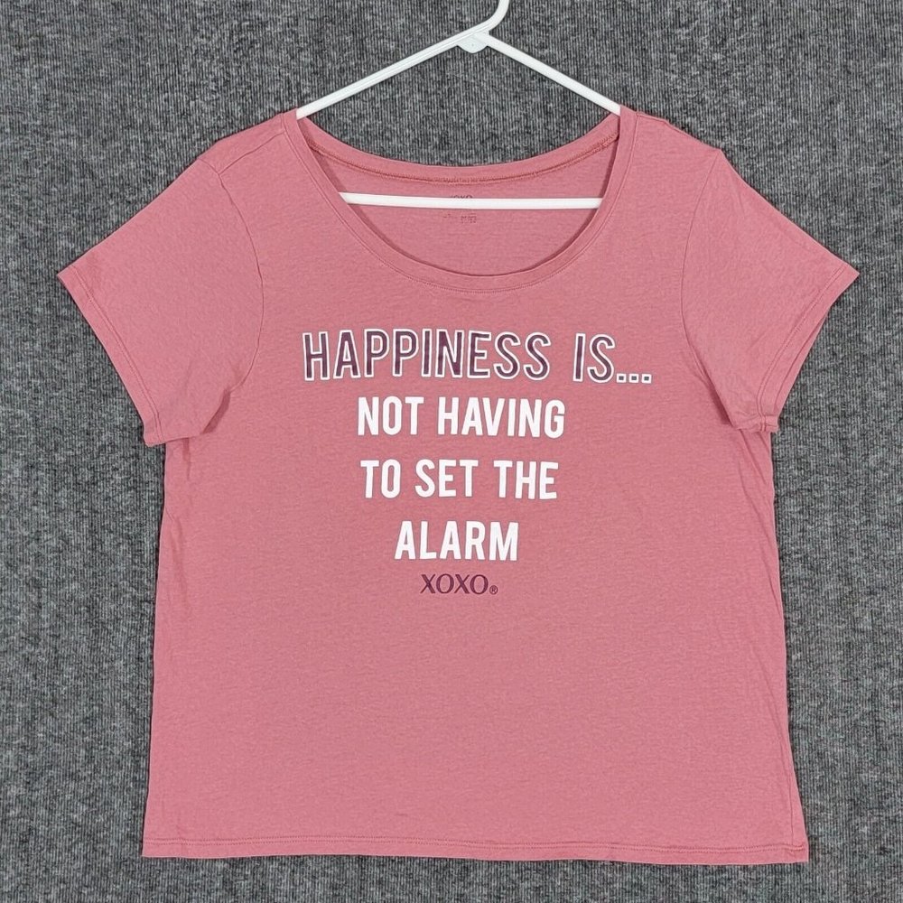 XOXO T-Shirt Womens M Pink Happiness Is Not Having To Set The Alarm Short Sleeve